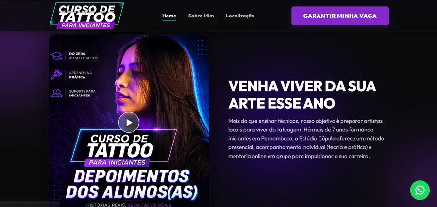 Demonstração da Landing Page do Curso de Tattoo Estúdio Cúpula